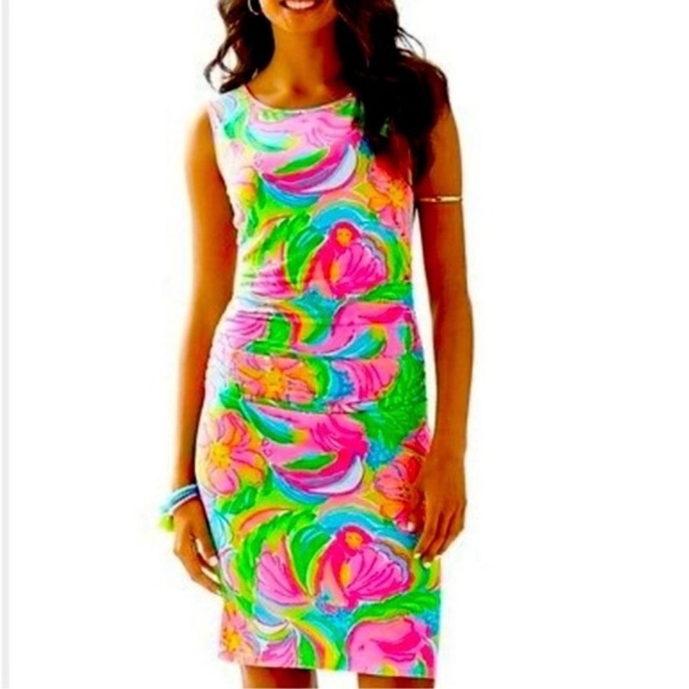 Lilly Pulitzer Pink and Green Floral Print Sleeveless Ruched Midi Dress Size L